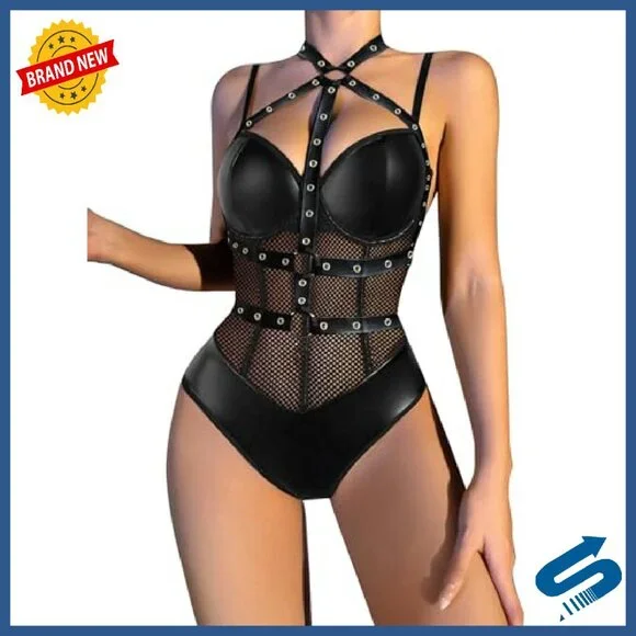 Sexy Crisscross Choker Leather PU Underwire Babydoll Harness Teddy Bodysuit